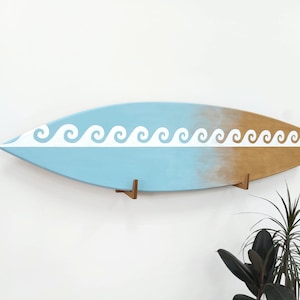 Surfboard wall art decor with waves Wooden surf home decor Vintage style Beach interior design Table top Decorative surfboard sign