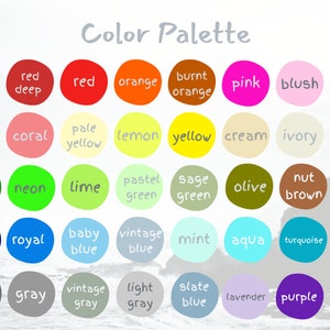 K&ouml;nnte beinhalten: Eine Farbpalette mit vierzig kreisf&ouml;rmigen Farbfeldern, die in f&uuml;nf Reihen zu je acht angeordnet sind. Jeder Kreis enth&auml;lt eine einzigartige Farbe und eine entsprechende handschriftliche Beschriftung, darunter Weinrot, Rot, Orange, Pink, Gelb, Wei&szlig;, Gr&uuml;n, Blau, Grau und Schwarz.
