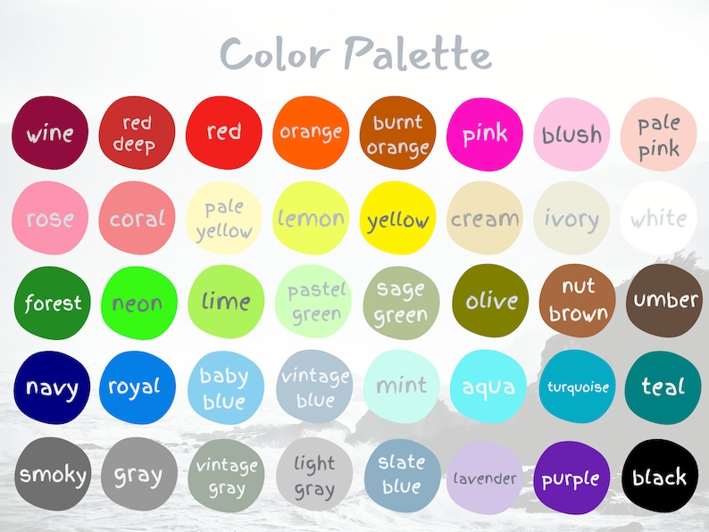 K&ouml;nnte beinhalten: Eine Farbpalette mit vierzig kreisf&ouml;rmigen Farbfeldern, die in f&uuml;nf Reihen zu je acht angeordnet sind. Jeder Kreis enth&auml;lt eine einzigartige Farbe und eine entsprechende handschriftliche Beschriftung, darunter Weinrot, Rot, Orange, Pink, Gelb, Wei&szlig;, Gr&uuml;n, Blau, Grau und Schwarz.