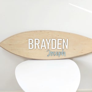 Personalized Surfboard Sign 3D Wooden Above Crib Name Sign Baby announcement Surf Wall Art Nursery Decor Baby Shower Beachy Themed Kids Room