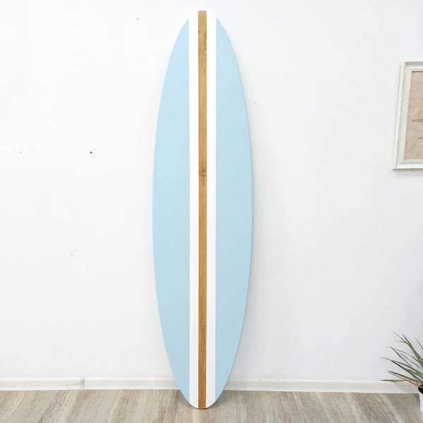 Surfboard Wall Art, Coastal Wooden Surfboard Decor with Natural Wood Stripe, Modern Beach House Wall Art