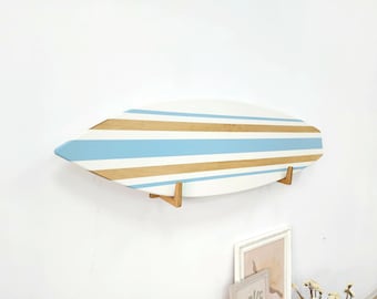 Wooden Surfboard Wall Hanging – Blue Stripes Coastal Wall Art