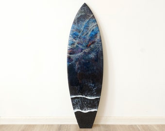 Resin Galaxy Decor Black ocean surfboard with waves Resin art Epoxy sea Space decor Coastal decor Cosmic decor Gift for surf lover