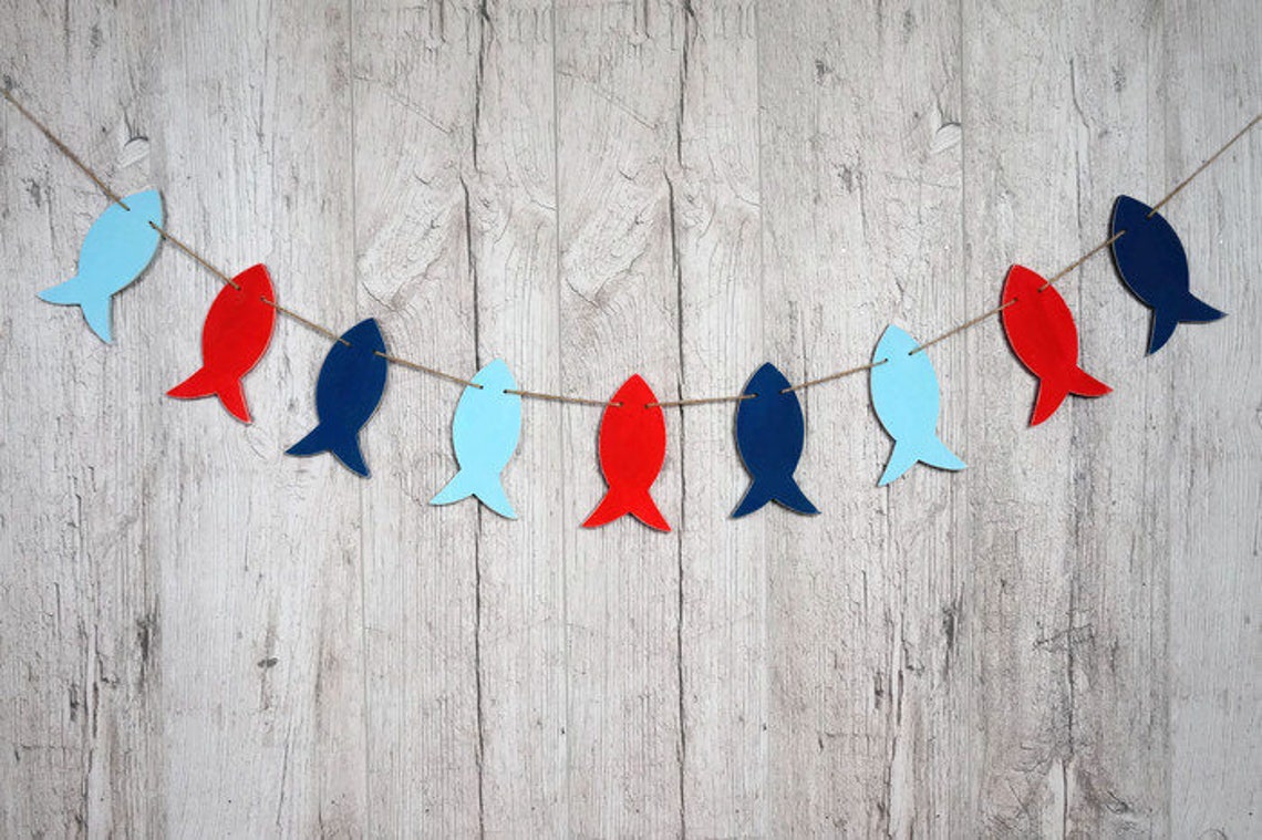 Wood fish garland Nautical birthday decorations Fishing banner Etsy
