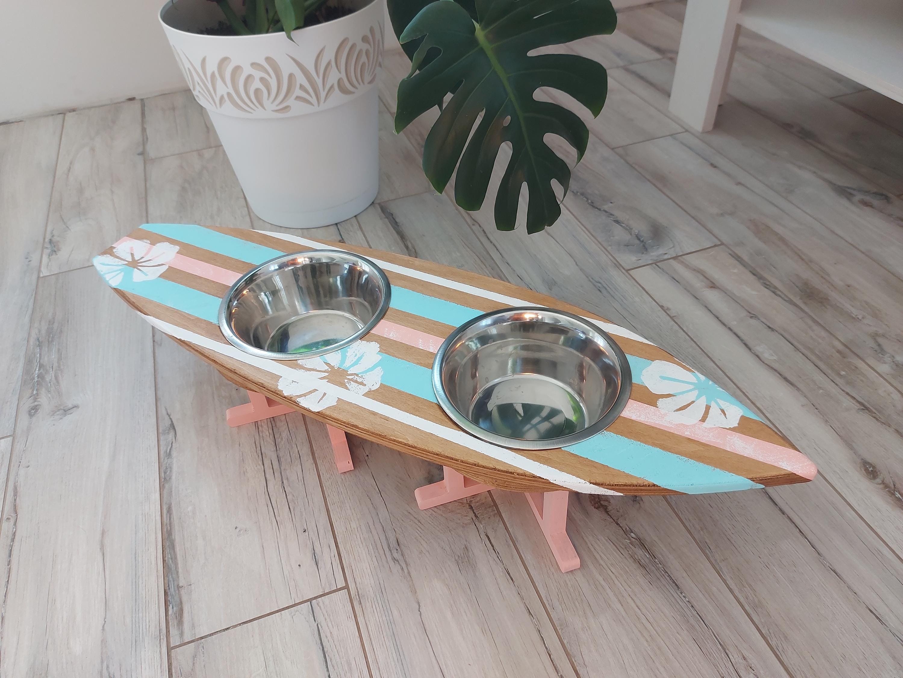 サーフィン・ボディボード Pet food stand   Ocean art Surfboard Dog Bowl Stand – Elevated Coastal Pet Feeder - Etsy