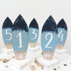 May include: Set of five blue and white surfboard table numbers, each with a white number painted on the front. The numbers are 1, 2, 3, 4, and 5.