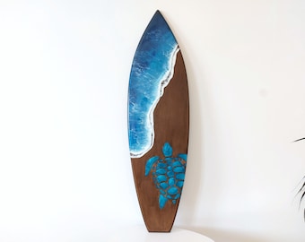 Personalized Wooden surfboard with turtle and waves Wedding surfboard gift Resin art decor Ocean Wall Decor Epoxy sea sign