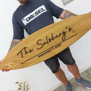 Surfboard last name sign Wooden family established sign Wall Art 3D sign Wedding gift