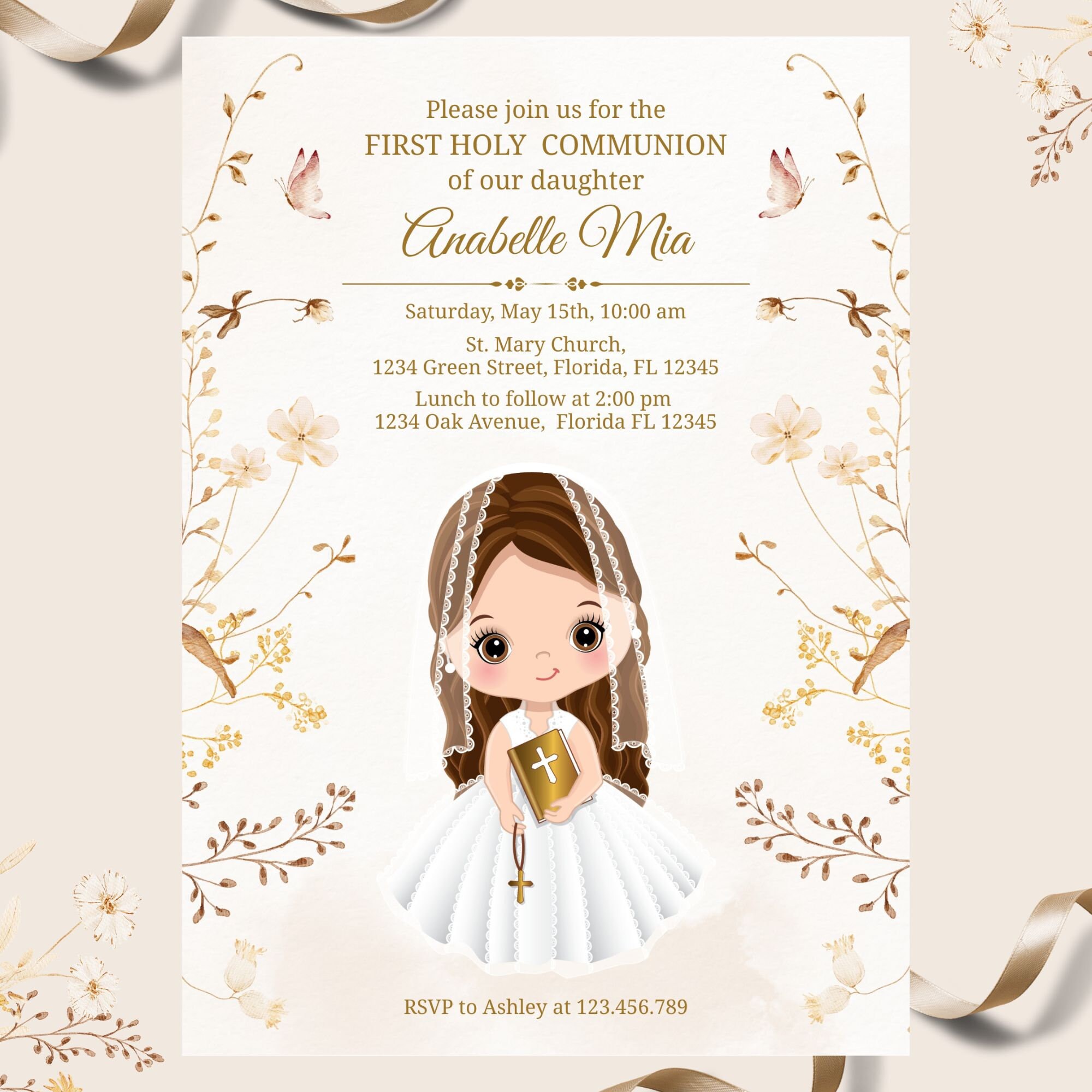 Girl First Holy Communion Invitation Template, Printable Invite for ...