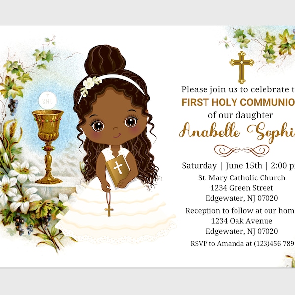 African American First Holy Communion Invitation Template, Invite for Cute Little Girl, Editable Confirmation Template, Instant Download