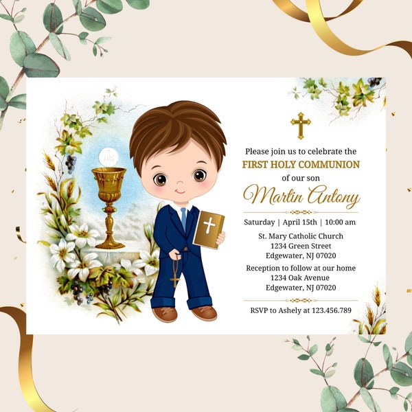 Boy First Holy Communion Invitation Template, Printable Invite for Cute Little Boy, Editable Confirmation Template,  Instant Download