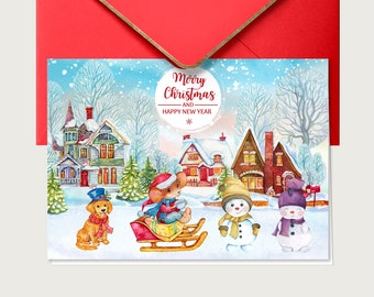 Frohe Weihnachtskarte, Schneemann-Karte, Maus-Karte, 18x15 cm Klappkarte, leere Karte, Weihnachtsgrußkarte, bearbeitbare Weihnachtskarte, Sofortiger Download
