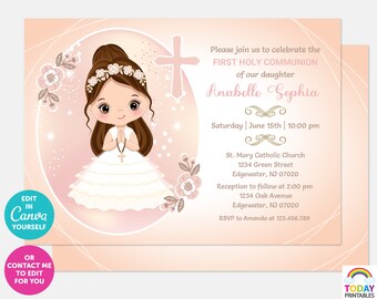 Girl First Holy Communion Invitation Template, Printable Invite for Cute Little Girl, Editable Confirmation Template,  Instant Download