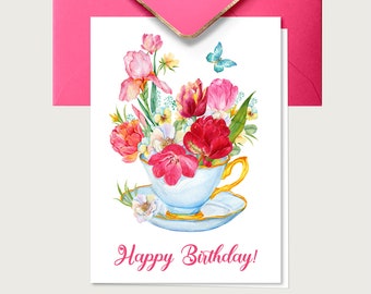 Carte d'anniversaire, carte pour elle, carte pliée 5x7", carte vierge, carte de voeux, carte de joyeux anniversaire, carte d'anniversaire florale, téléchargement immédiat