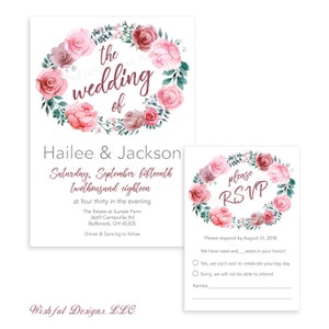 Dusty Rose, Blush Wedding Invitation & RSVP; Digital Available