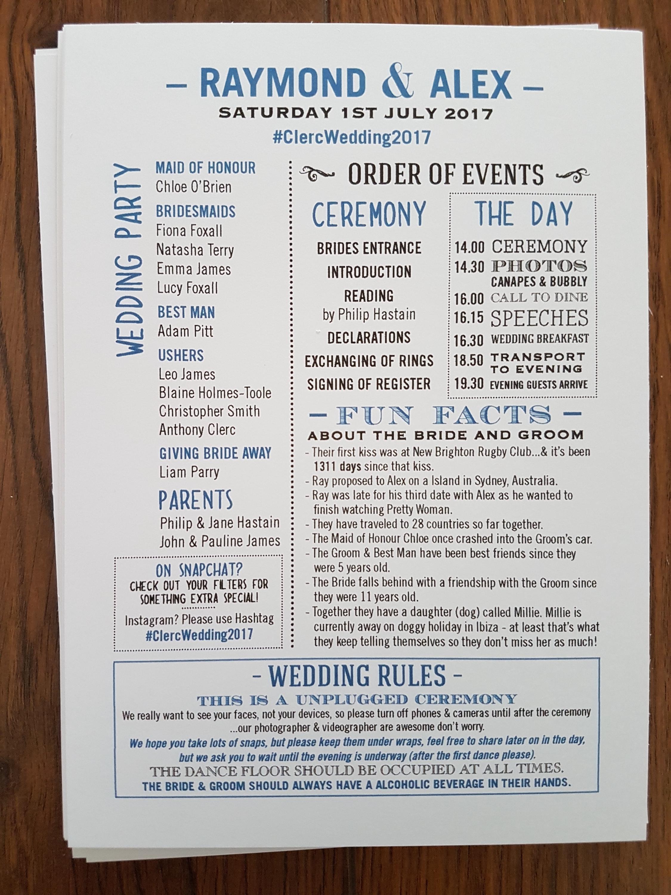 Programme Card Example Uk Personalised Wedding Programme Cards - Etsy UK