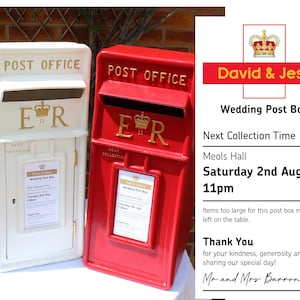 May include: Two wedding post boxes, one cream and one red, with gold lettering reading "Post Office" and "ER". The red box has a sign that says "David & Jess Wedding Post Box". The cream box has a sign that says "Sarah & David Wedding Post Box".