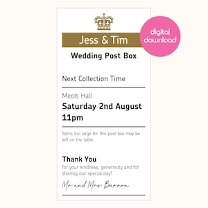 May include: A wedding post box design with the names "Jess & Tim" and a crown graphic. The design includes the date "Saturday 2nd August" and the time "11pm". A pink circle with the words "digital download" is in the upper right corner.