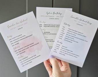 Personalised Itinerary cards Birthday/Hen Do Party A6,A5,A4