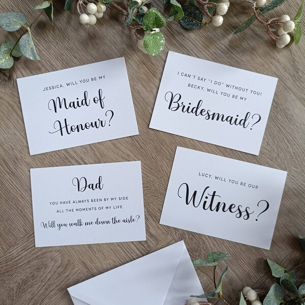 Bridal party proposal card. Personalised will you be my bridesmaid, maid of honour, witness, walk me down the aisle A6 flat card & envelope