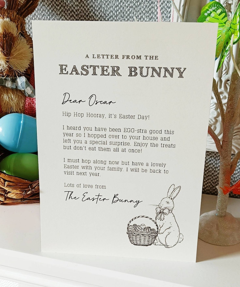 May include: A cream-colored card with the text "A Letter From The Easter Bunny." The letter is addressed to "Oscar" and includes a drawing of a bunny with a basket of eggs. The letter is a message from the Easter Bunny.
