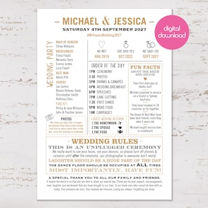 May include: A wedding invitation for Michael and Jessica, set for September 4th, 2027. The design includes the wedding party, schedule, fun facts, and wedding rules. A pink 'digital download' sticker is in the top right corner.