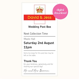 Op de afbeelding: Een digitale download trouwpostbusbord met de namen "David & Jess" in goud op een rode banner, bekroond met een kroon. Het bord bevat ophaaldetails en een bedankbericht voor de gasten.