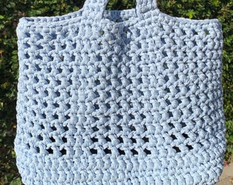 Handmade crochet large tote bag with handle in light blue, medium size, net bag, shoulder bag, handbag, personalized gift