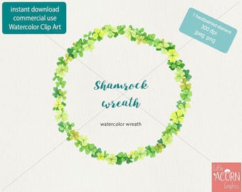 Watercolor clipart St. Patricks Day wreath handpainted clip art, Irish shamrock wreath commercial use ,  LittleAcornGraphics