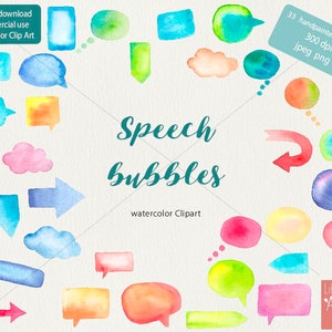 May include: A set of 33 hand-painted watercolor speech bubbles and arrows in various colors, including blue, green, yellow, pink, and red. The text "Speech bubbles" and "watercolor Clipart" is included in the image.