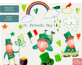 Watercolor Clipart St Patricks Day, leprechauns handpainted Irish clip art, commercial use, scrapbooking printable, LittleAcornGraphics