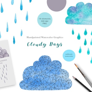 Watercolor Clipart Commercial use, clouds rain weather for card making and wallart scrapbooking, paper crafts, greetings LittleAcornGraphics