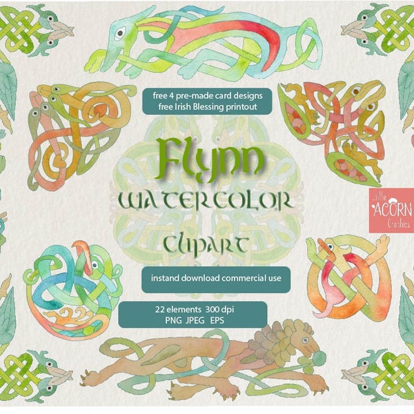 Watercolor Clipart St Patricks Day, Celtic Design, handpainted clip art cardmaking, wedding invitation LittleAcornGraphics