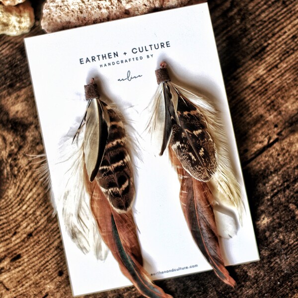 Ribe — Off White Vintage Tan Feather Earrings Bohemian Wedding Festival