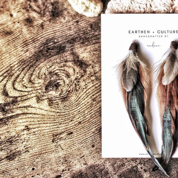 Montréal — Tan Bronze with Emerald Silver Tone Feather Earrings Bohemian Wedding Festival