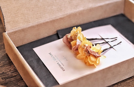 Hydrangea Gyps Yellow Butter Mocha Pink Hair Clips l Dried Flower Boho Hair Pins Set For Wedding l Bridesmaids | Hair Accessories |