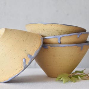 Puede incluir: Un conjunto de cuatro cuencos de cerámica hechos a mano. Los cuencos son de color beige con una textura moteada y un esmalte azul claro goteando por los bordes. Unas hojas verdes están en primer plano.