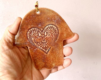 Ceramic Hamsa Wall Decor: Pinkish-Brown Talisman with Heart
