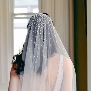 MARIBEL I | Pearl Wedding Veil, One Tier Veil with Pearls, Ivory Wedding Veil with Pearls, Pearl Veil, Long Pearl Veil, Pearl Bridal Veil