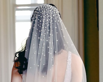 Pearl Wedding Veil, one tier veil with pearls, ivory wedding veil with pearls, pearl veil, long pearl veil, pearl bridal veil, unique veil