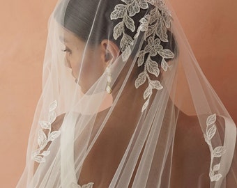 CALISTA - Lace Blusher Veil, Drop Veil with Lace Appliques, Two Tier Lace Veil, Modern Romantic Veil with Lace, Two Tier Long Cathedral Veil