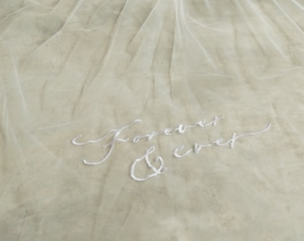 Forever & Ever - Two Tier Embroidered Wedding Veil, Bridal Veil with Embroidery, Romantic Veil with Words Message, Embroidered Veil