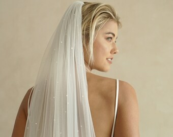 CHLOE I Pearl Wedding Veil, One Tier Pearl Veil, Modern Wedding Veil with Pearls, Chapel Veil with Pearls, Cathedral Pearl Veil