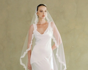 CELIA I | Mantilla Wedding Veil with Lace Trim in Chapel and Cathedral Length