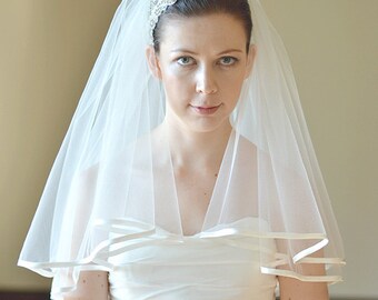 Two Tier Satin Veil, satin edge wedding veil, two tier bridal veil with 7mm satin edging, satin veil with blusher, blusher veil