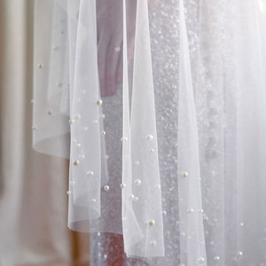 Pearl Wedding Veil, drop veil with pearls, ivory wedding veil with pearls, blusher veil, two tier veil, pearl bridal veil, unique veil image 6