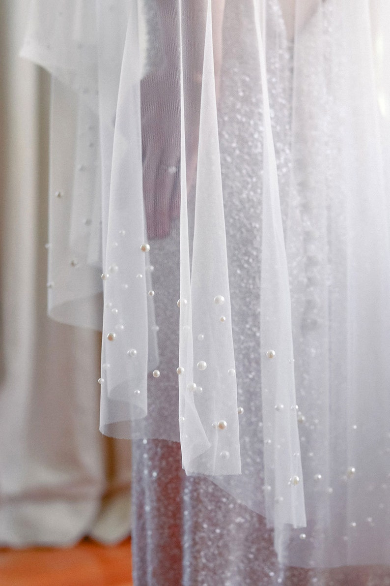 Pearl Wedding Veil, drop veil with pearls, ivory wedding veil with pearls, blusher veil, two tier veil, pearl bridal veil, unique veil image 6