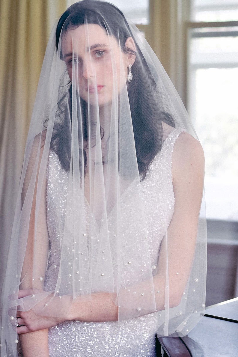 Pearl Wedding Veil, drop veil with pearls, ivory wedding veil with pearls, blusher veil, two tier veil, pearl bridal veil, unique veil image 3