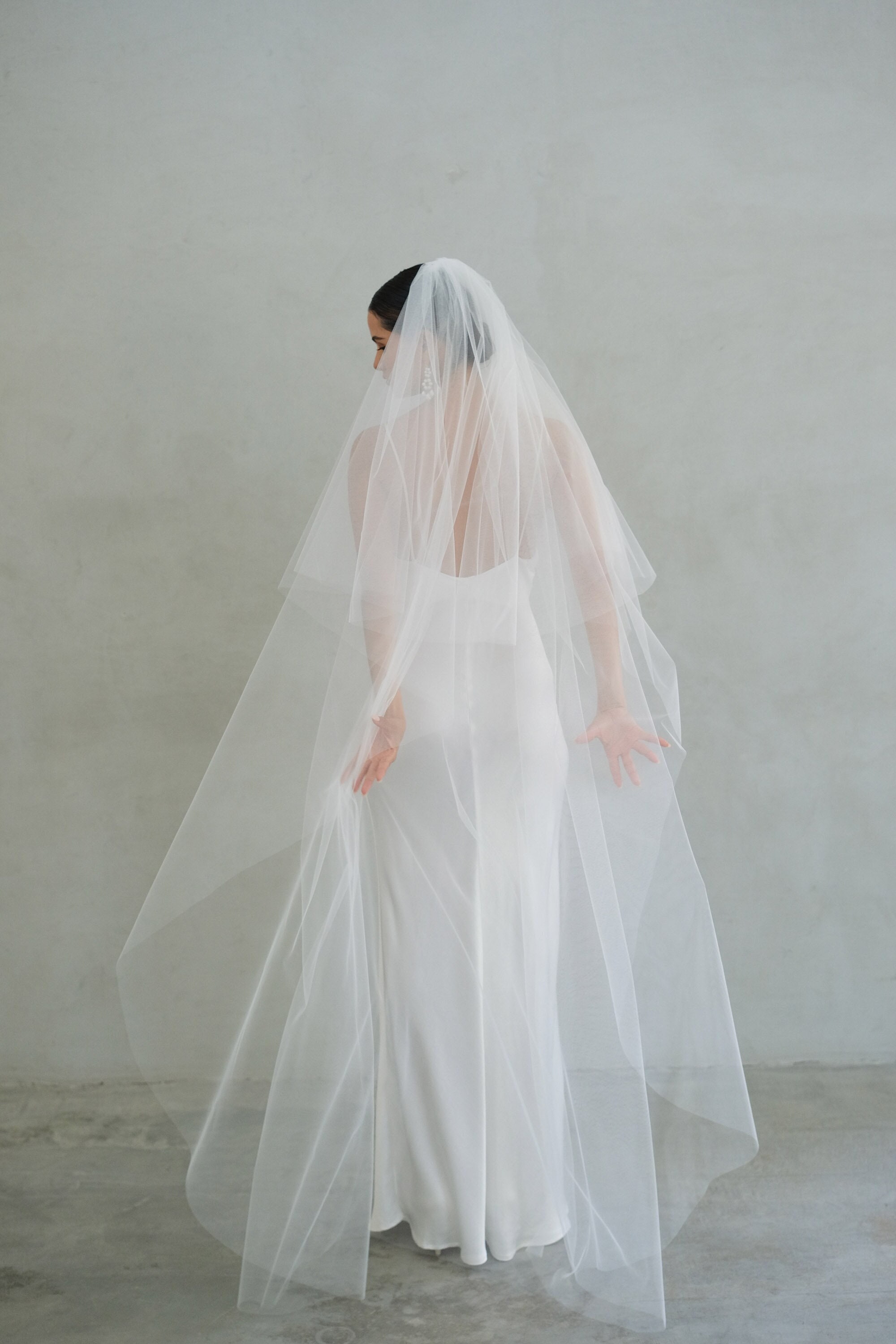 White/Ivory comb elbow length cathedral 2 tier wedding veil with diamond accent Perfect Bridal Ivory Two Tier Delicate Lace Edge Cathedral Veil main image 2