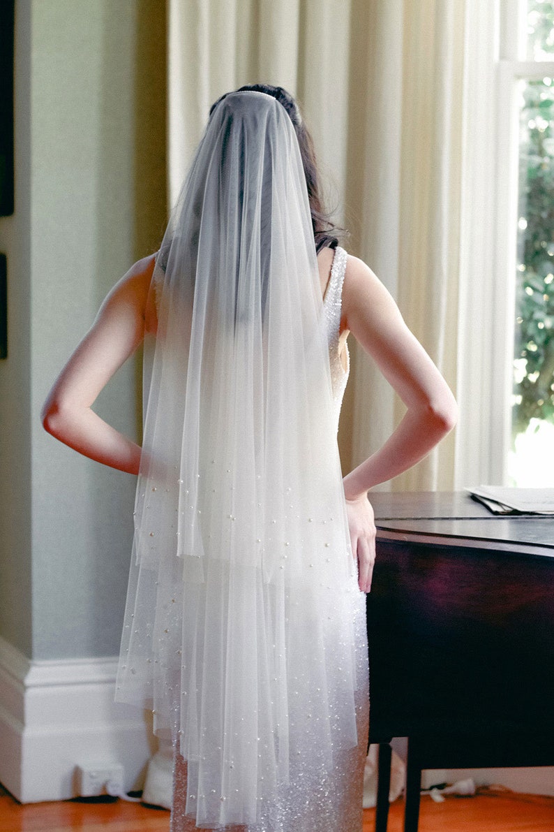 Pearl Wedding Veil, drop veil with pearls, ivory wedding veil with pearls, blusher veil, two tier veil, pearl bridal veil, unique veil image 7